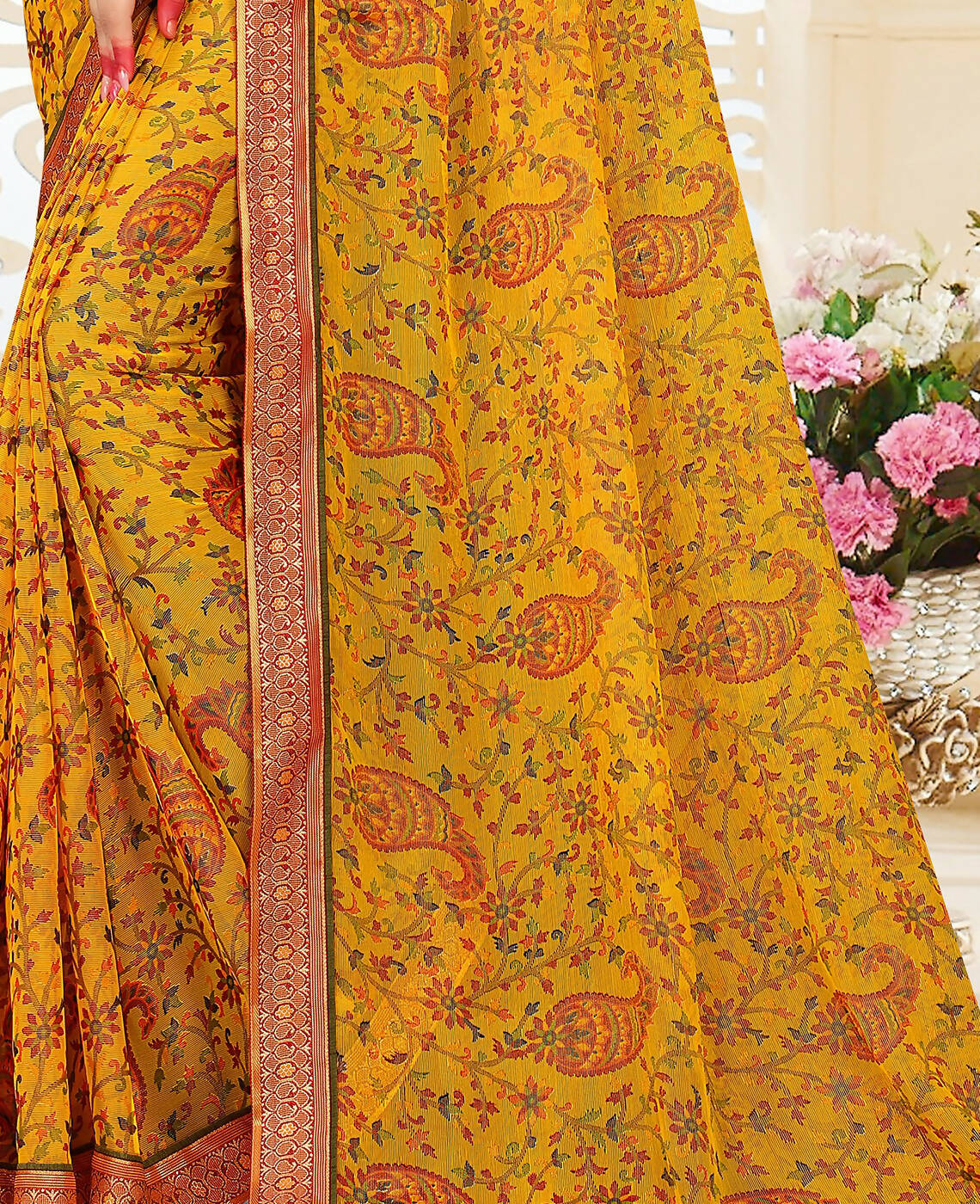 Yellow Chiffon Brasso Printed Saree With Unstitched Blouse Piece - Jyoti | Grocsy