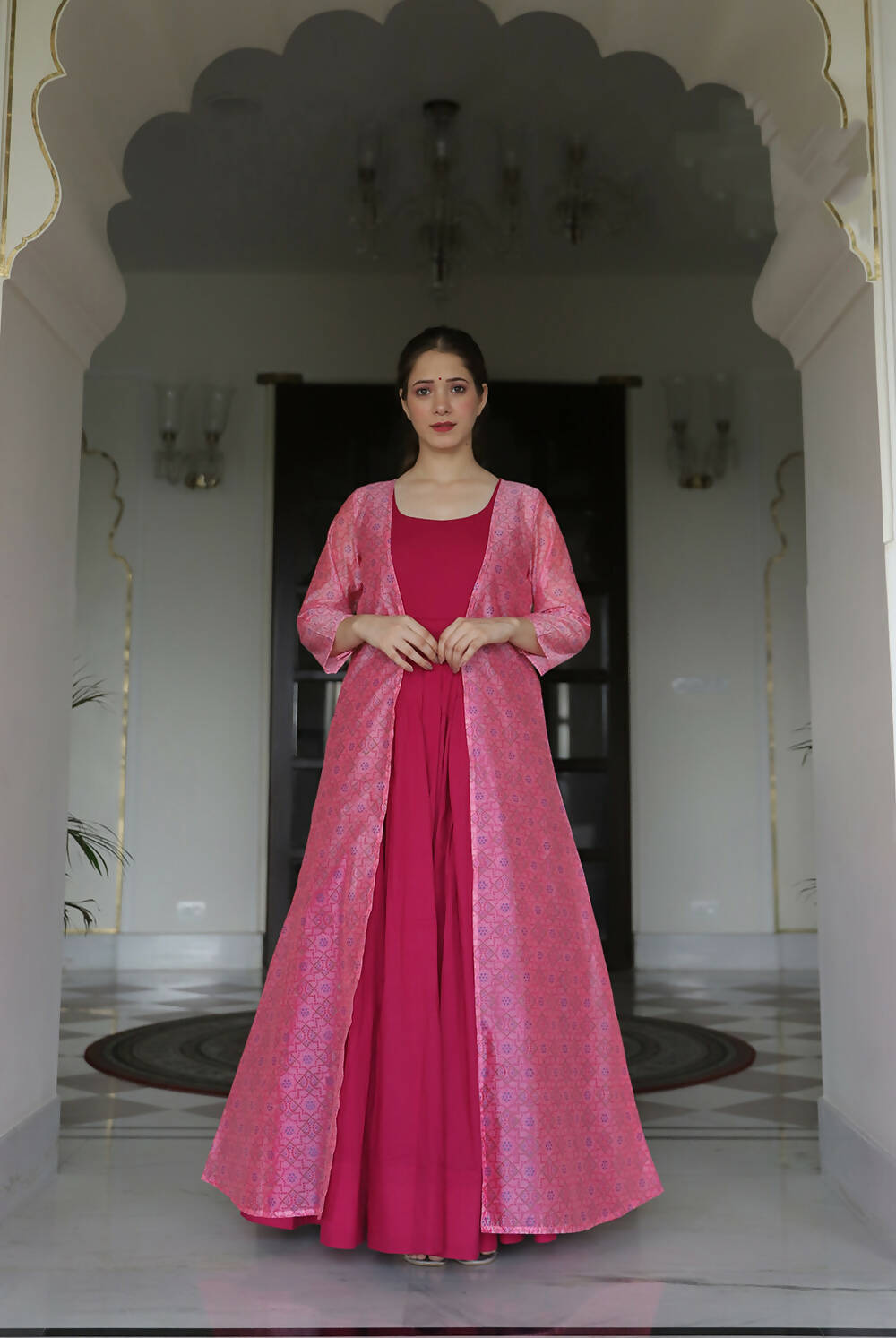 Partywear Designer Digital print Pink Maslin Gown - Anbazaar | Grocsy