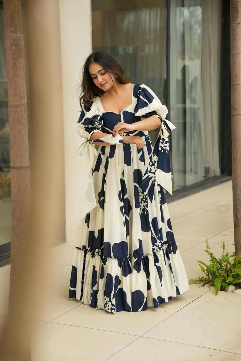 Aayaa Designer Cambric Cotton Printed Full Flaired Gown - Multi Color | Grocsy