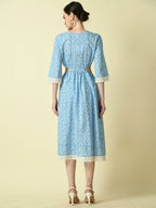 Myshka Women's Blue Floral Printed Fit and Flare Dress | Grocsy