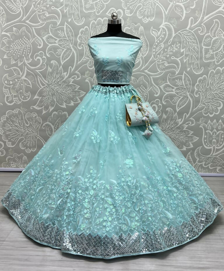 Jyoti Fashion Women's Sky Blue Bridal Net Fancy Sequins with Multi Thread Embroidered Wedding Lehenga Choli | Grocsy