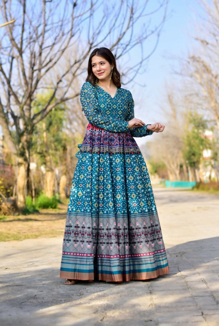 Jyoti Fashion Women's Blue Heavy Digital Printed Cotton Silk Anarkali Dress | Grocsy