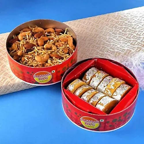 2 Antique Bro Rakhis & Dry Fruit Dalmoth Hamper | Grocsy