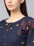 Yufta Women Navy Blue & Orange Quirky Printed Maxi Dress | Grocsy
