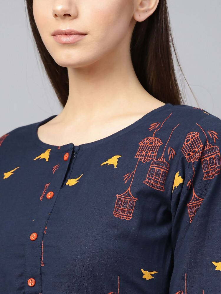Yufta Women Navy Blue & Orange Quirky Printed Maxi Dress | Grocsy