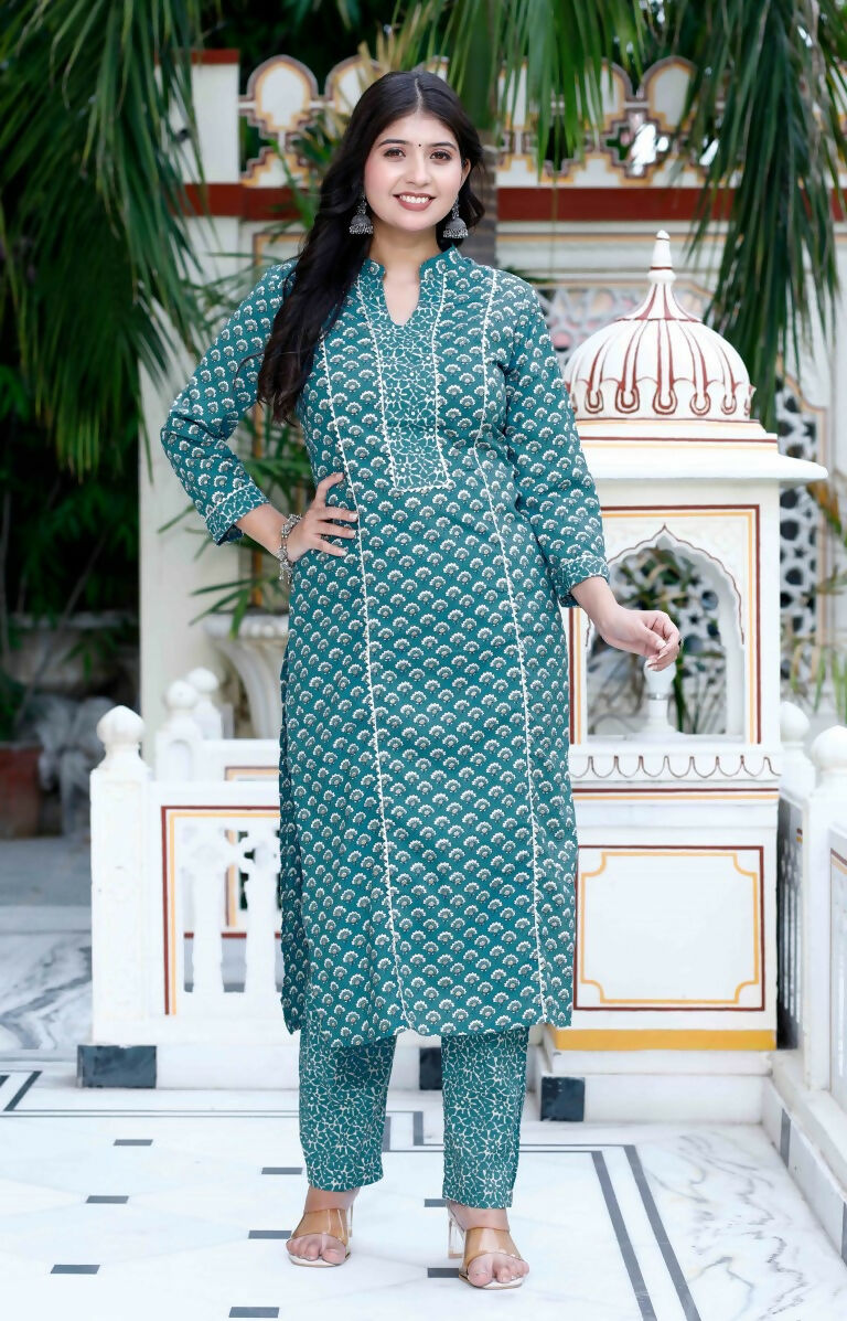 Miravan Women's Cotton Blue Floral Printed Straight Kurta And Palazzo | Grocsy