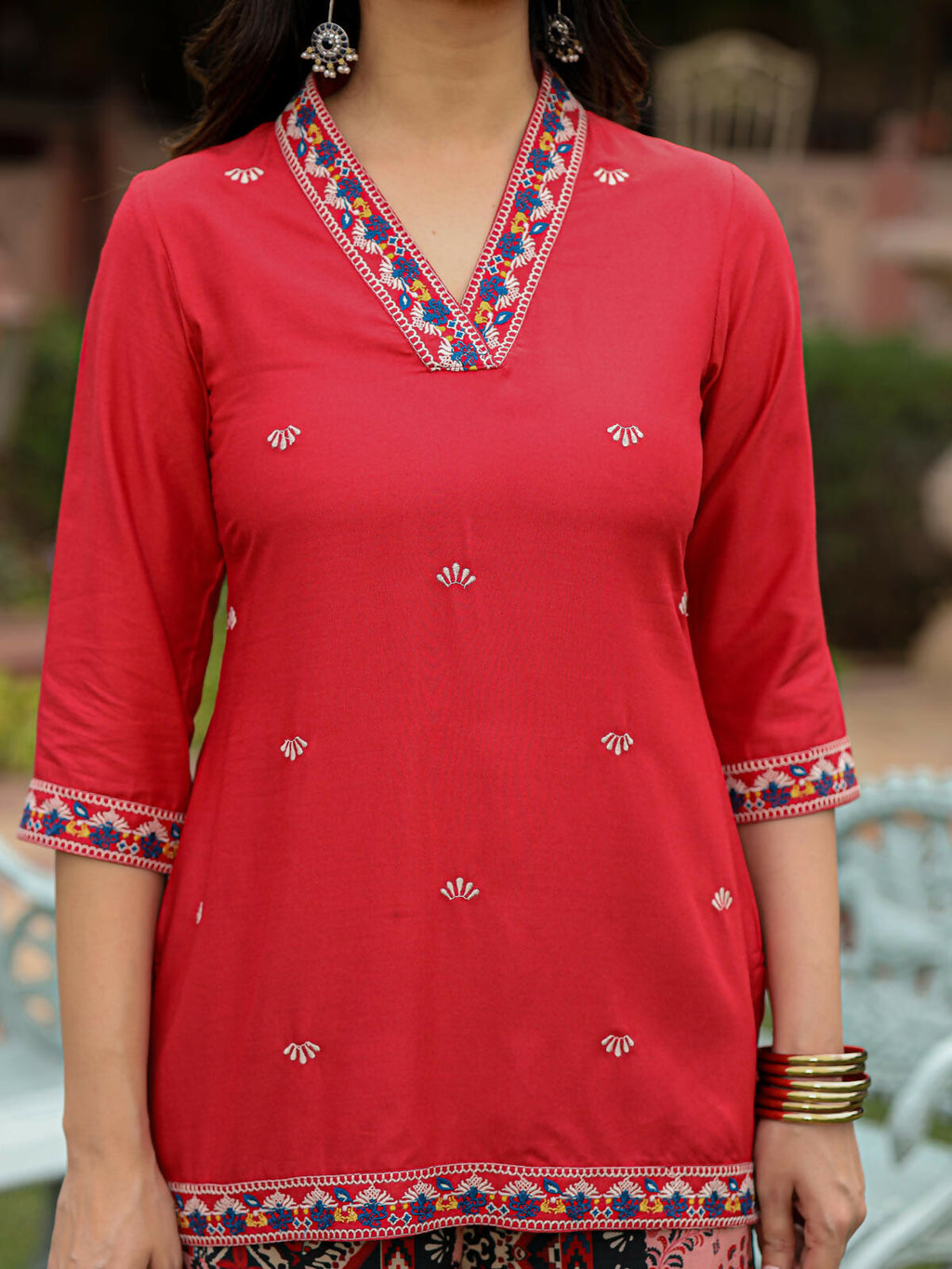 Juniper Women's Rust Thered Embroidered Rayon Kurta Sharara & Voile Dupatta Set | Grocsy
