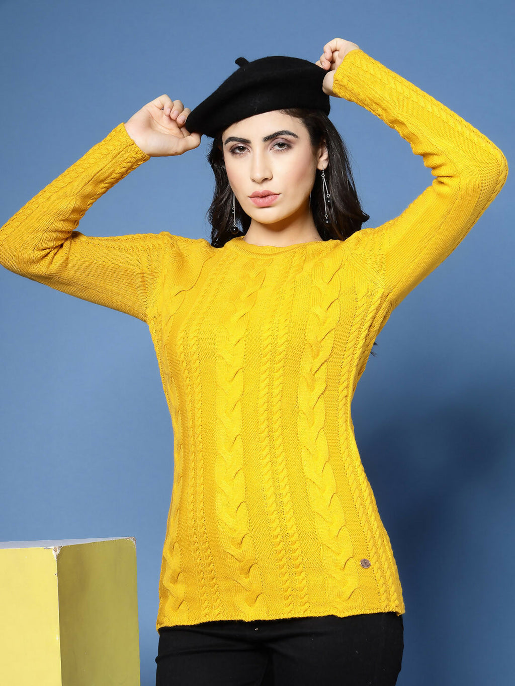 Women Mustard Acrylic Self Design Winter Dress - Wool Trees | Grocsy