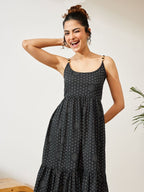 Janasya Navy Blue A-Line Cotton Dress | Grocsy