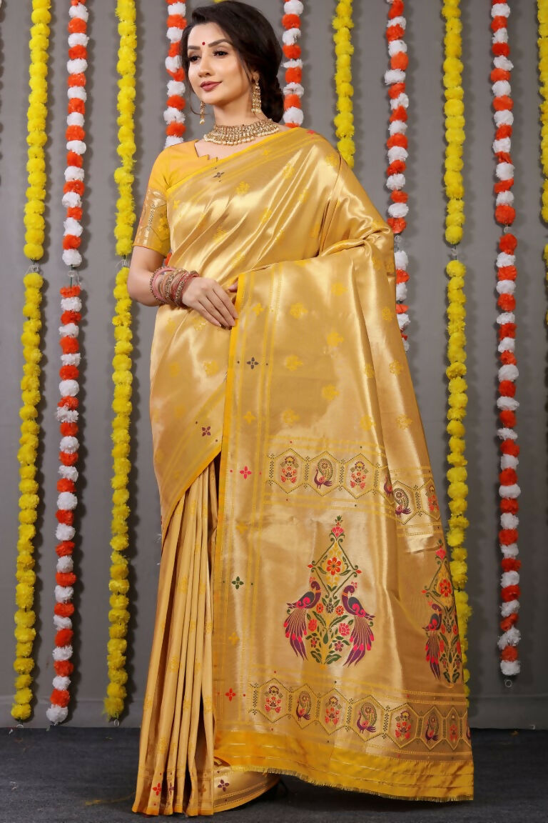 Jyoti Fashion Women's Yellow Paithani Silk Zari Woven Saree with Blouse | Grocsy