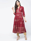 Aniyah Rayon Block Printed Anarkali Kurta In Maroon (AN-116A) | Grocsy