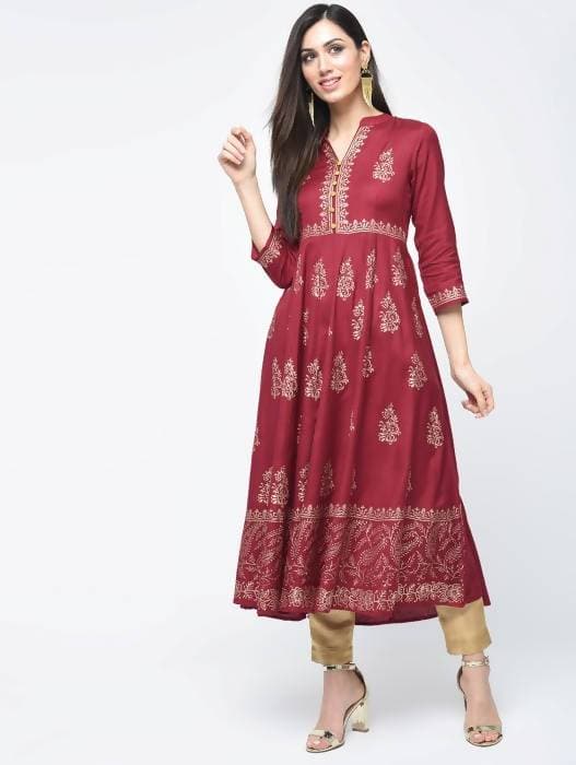 Aniyah Rayon Block Printed Anarkali Kurta In Maroon (AN-116A) | Grocsy