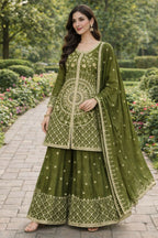 Teeya Creation Green Color Chinon Silk Wedding Wear Trending Palazzo Set | Grocsy