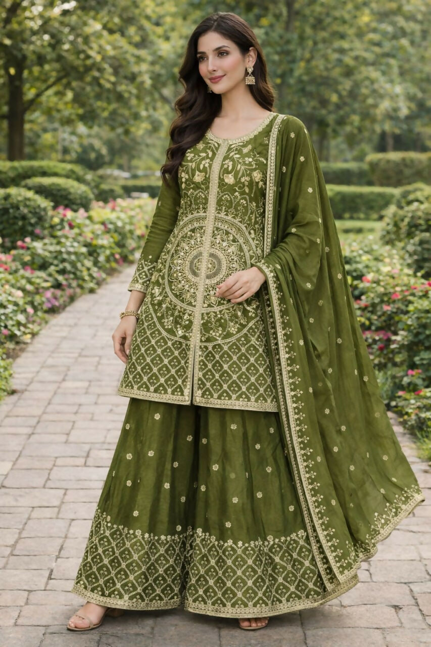 Teeya Creation Green Color Chinon Silk Wedding Wear Trending Palazzo Set | Grocsy