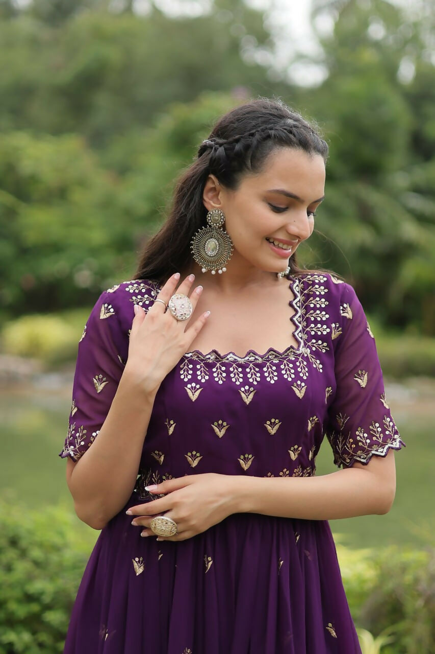 Vastranavya Premium Designer Faux Blooming with Embroidery Zari Sequins work Gown - Purple | Grocsy