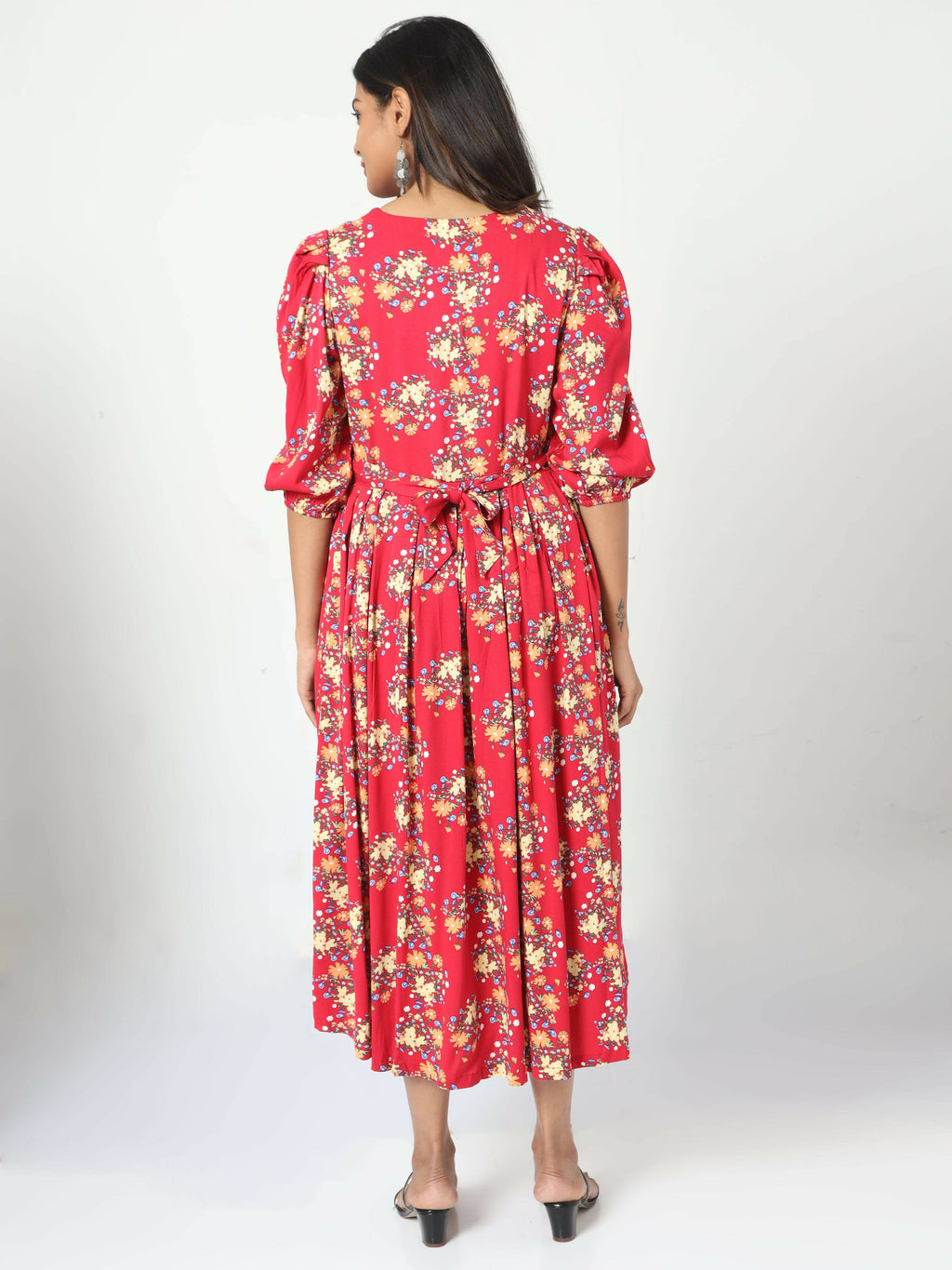 Manet Three Fourth Maternity Dress Floral Print With Concealed Zipper Nursing Access - Red | Grocsy