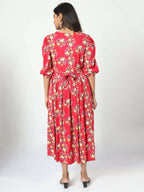 Manet Three Fourth Maternity Dress Floral Print With Concealed Zipper Nursing Access - Red | Grocsy