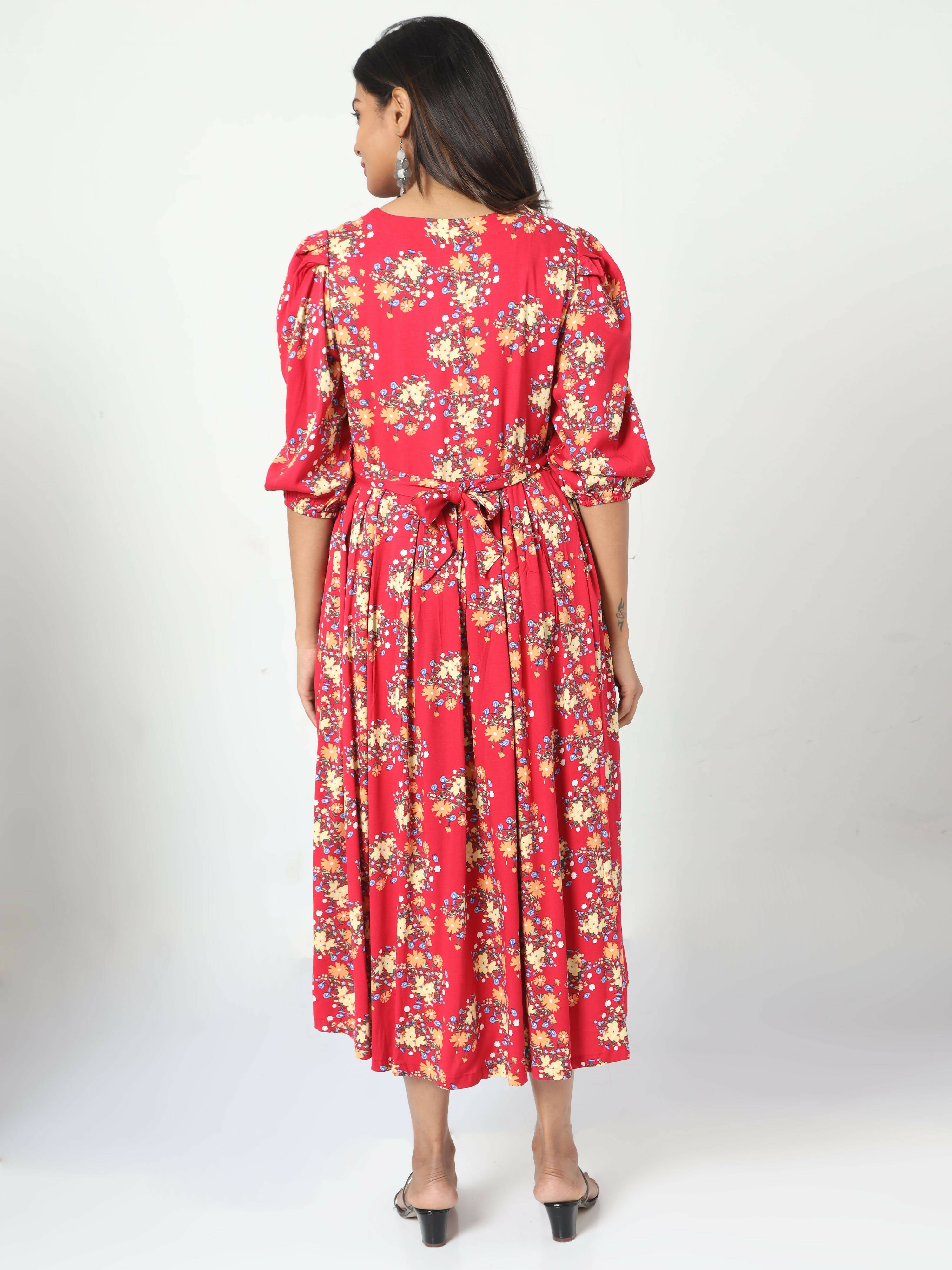 Manet Three Fourth Maternity Dress Floral Print With Concealed Zipper Nursing Access - Red | Grocsy
