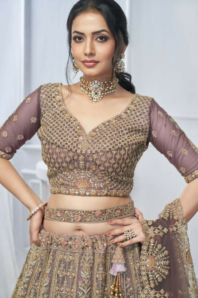 Kesar Fab Purple Net Embroidered Lehenga | Grocsy