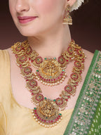 NVR Women's Set of 2 Gold-Polished Green & Pink Stone Studded Peacock & Lakshmi Design Temple Jewellery Set | Grocsy