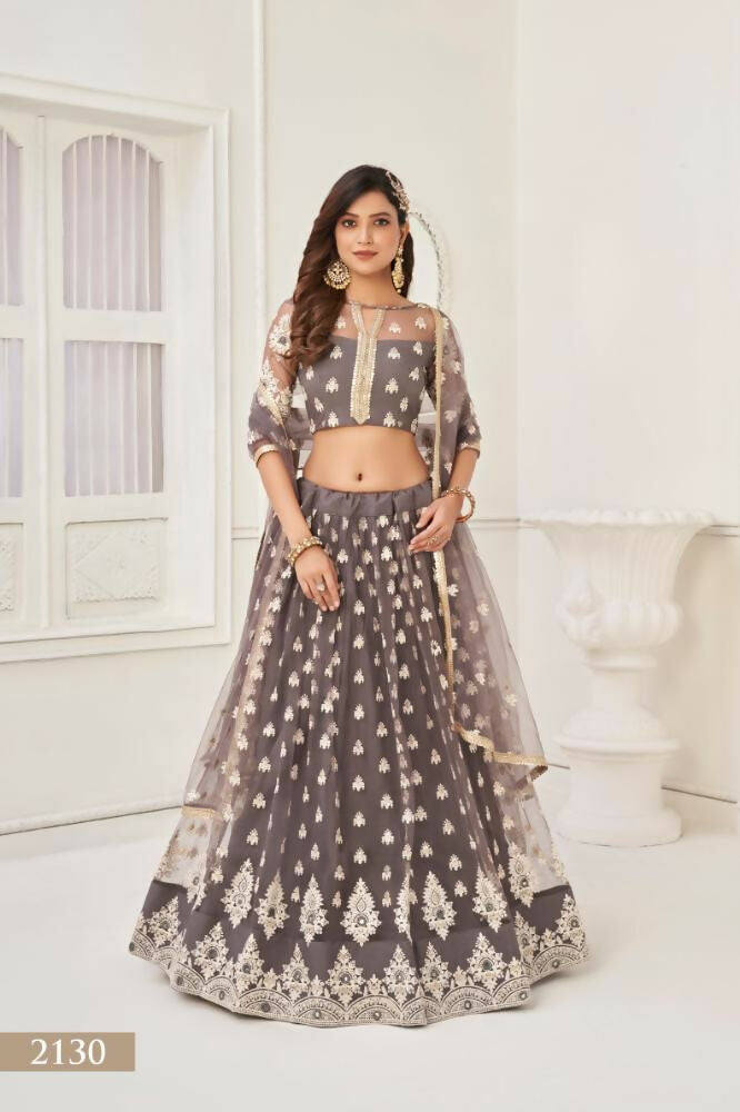Aastha Fashion Space Gray Butterfly Net White Cotton Thread Work And Sequence Work Embroidery Wedding Wear Lehenga Choli | Grocsy