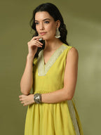 Myshka Women's Yellow Solid Georgette Anarkali Party Kurta Set | Grocsy