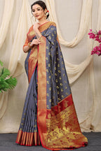 Jyoti Fashion Women's Grey Banarasi Silk Zari Woven Saree with Blouse | Grocsy