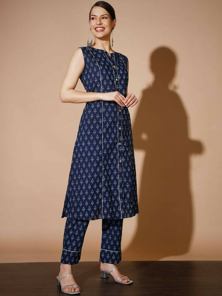 Myshka Women Blue Printed Kurta & Trousers | Grocsy