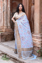Joban Fashion Light Blue Crepe Chiffon Pure Handloom Banarasi Silk Saree | Grocsy