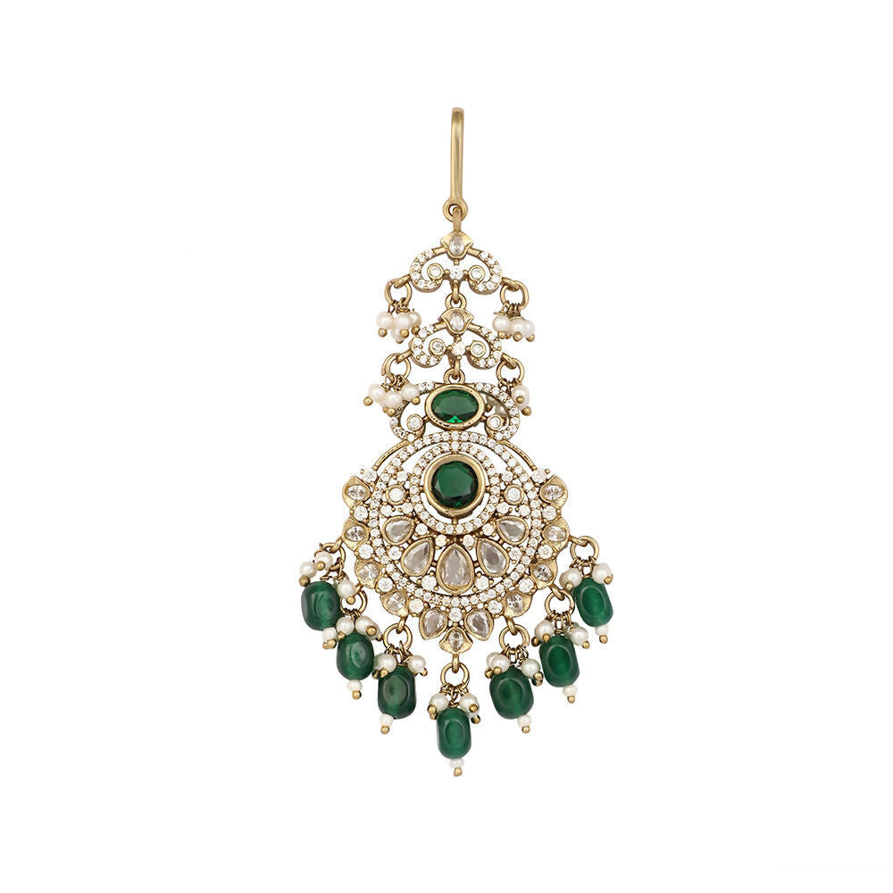 Nuyug 18K Gold Plated Ethereal Green Stone Maang Tikka | Grocsy