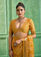 Joban Fashion Yellow Dull Moss Brasso With Kasab Zari Border Saree & Tassels With Brasso Blouse | Grocsy
