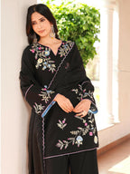 Nikhaar Black Embroidered Art Silk Stitched Straight Cut Kurta Culottes Dupatta Readymade Suit | Grocsy
