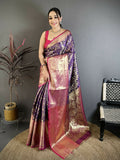 Prime Volt Pure Handloom Kanjivaram Katan Silk Saree with Antique Zari & Contrast Pallu-Purple | Grocsy