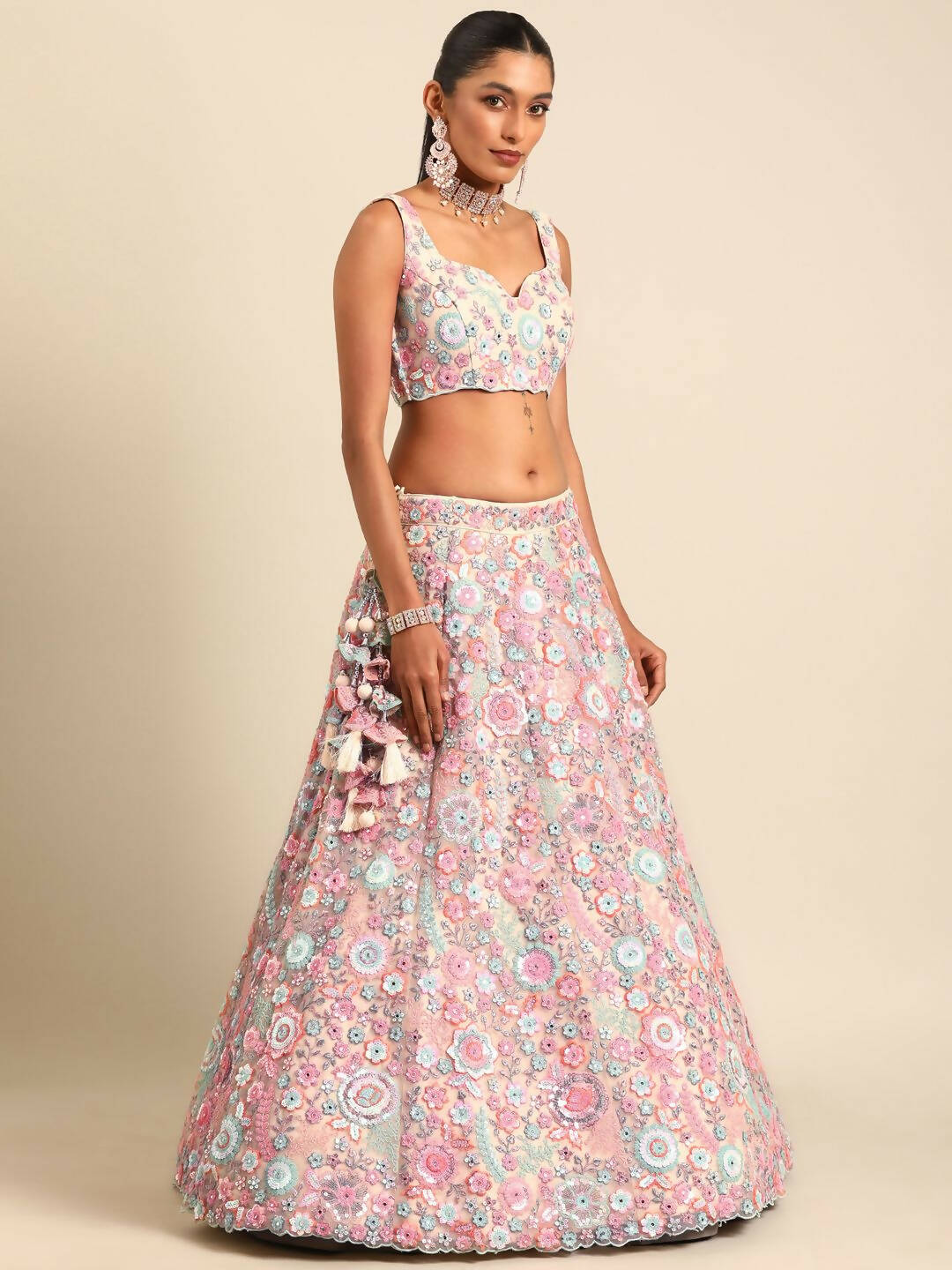 House of Panchhi Cream Net Sequins, Mirror and thread embroidery Lehenga choli & Dupatta | Grocsy