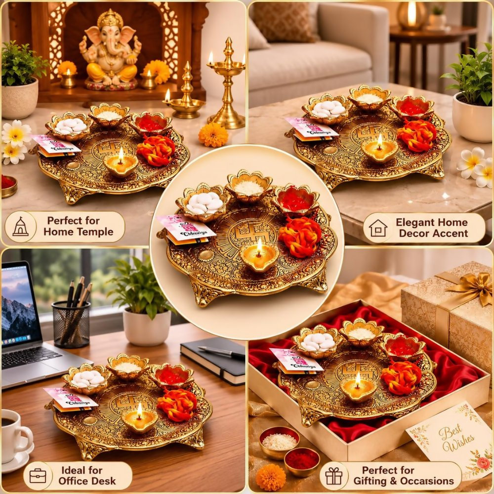 Chhariya Crafts Metal Pooja Thali With Diya | Grocsy