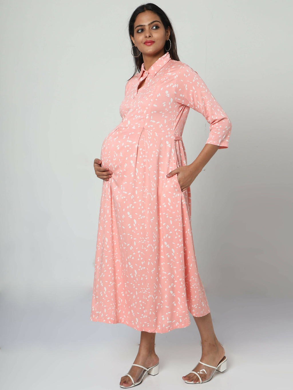 Manet Three Fourth Maternity Dress White Dot Print With Concealed Zipper Nursing Access - Pink | Grocsy