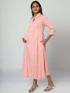 Manet Three Fourth Maternity Dress White Dot Print With Concealed Zipper Nursing Access - Pink | Grocsy