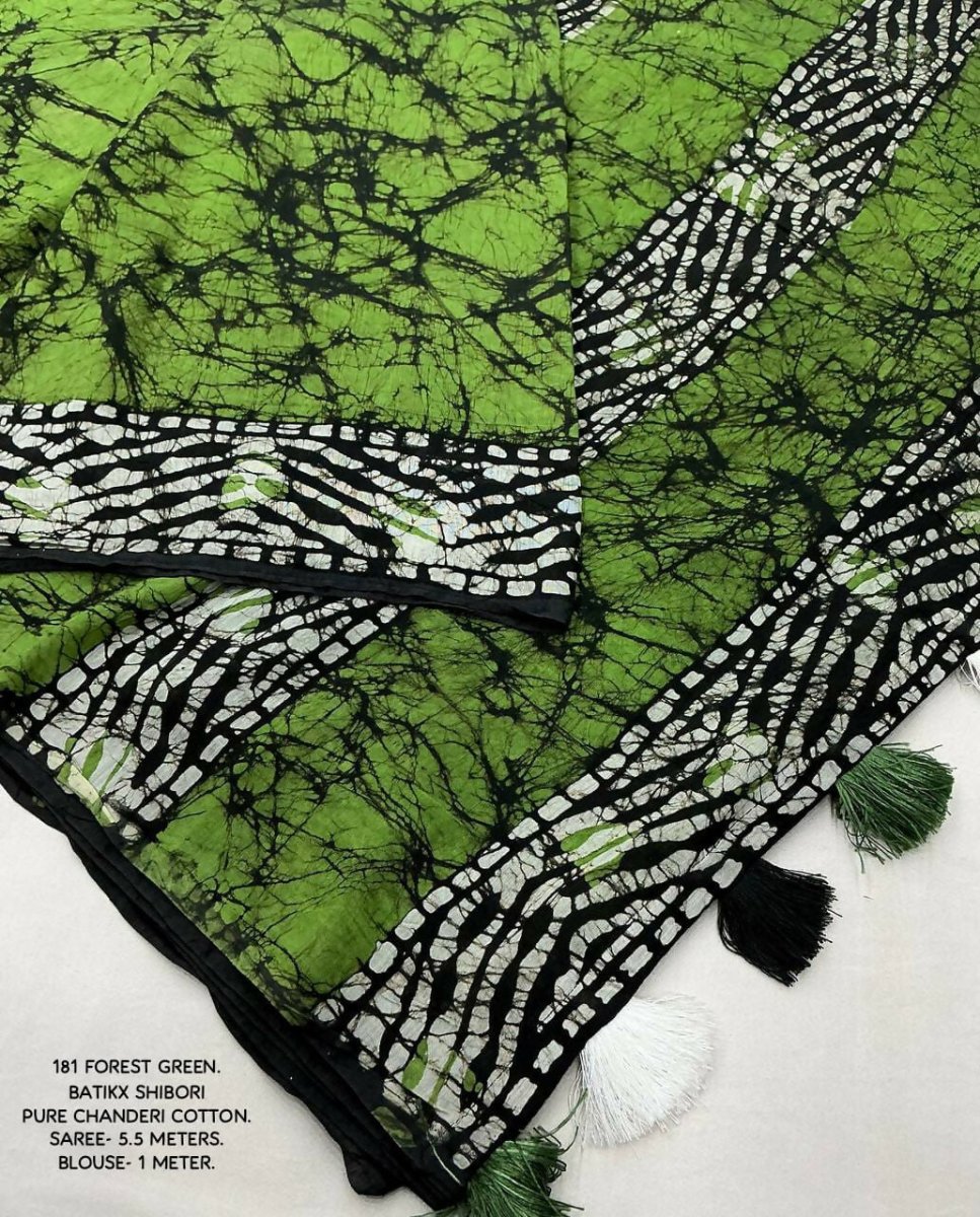 Arfa Fashion House Green Combination Pure Chanderi Cotton Batik Printed Saree | Grocsy