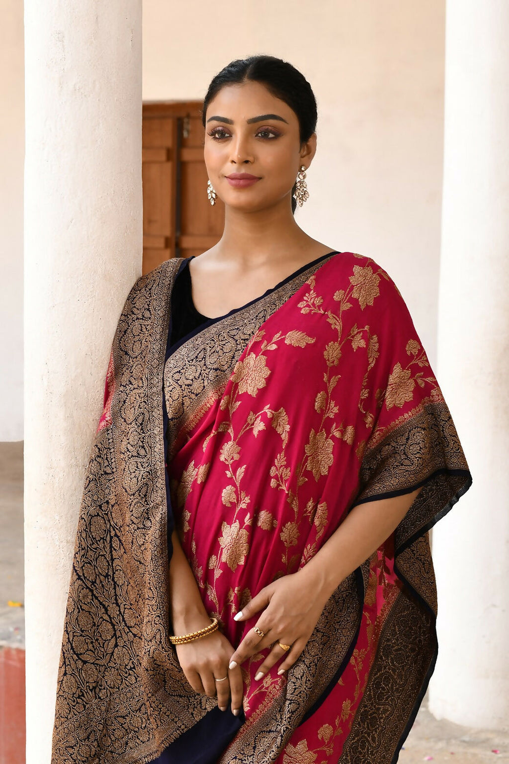 Joban Fashion Fuchsia Crepe Chiffon Pure Handloom Banarasi Silk Saree | Grocsy