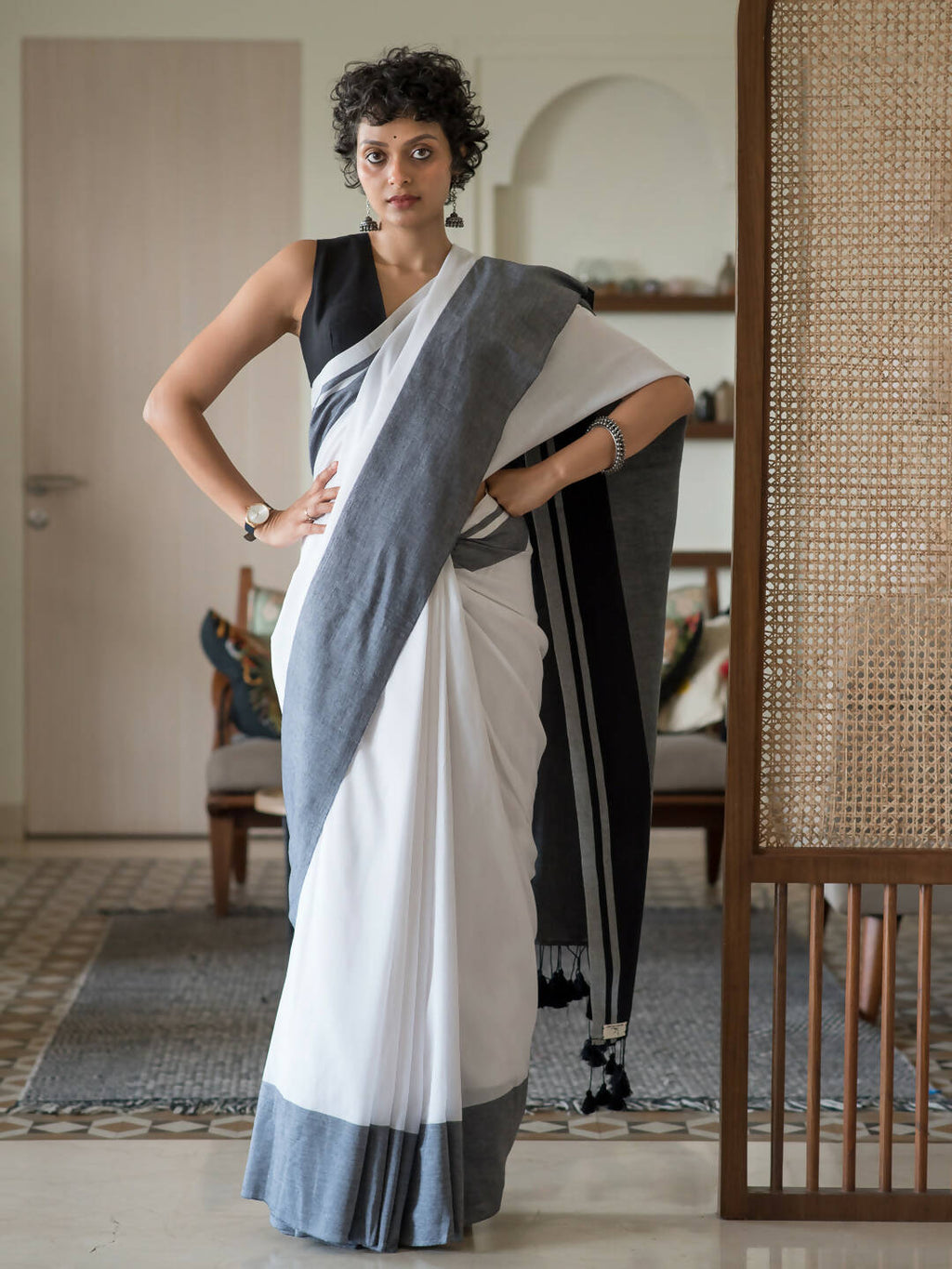 Suta White Woven Design Cotton Blend Saree | Grocsy