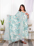 Miravan Women's Plus Size Light Green Cotton Birds And Leaf Floral Printed And Lace Border Details Anarkali Kurta And Dupatta Set | Grocsy