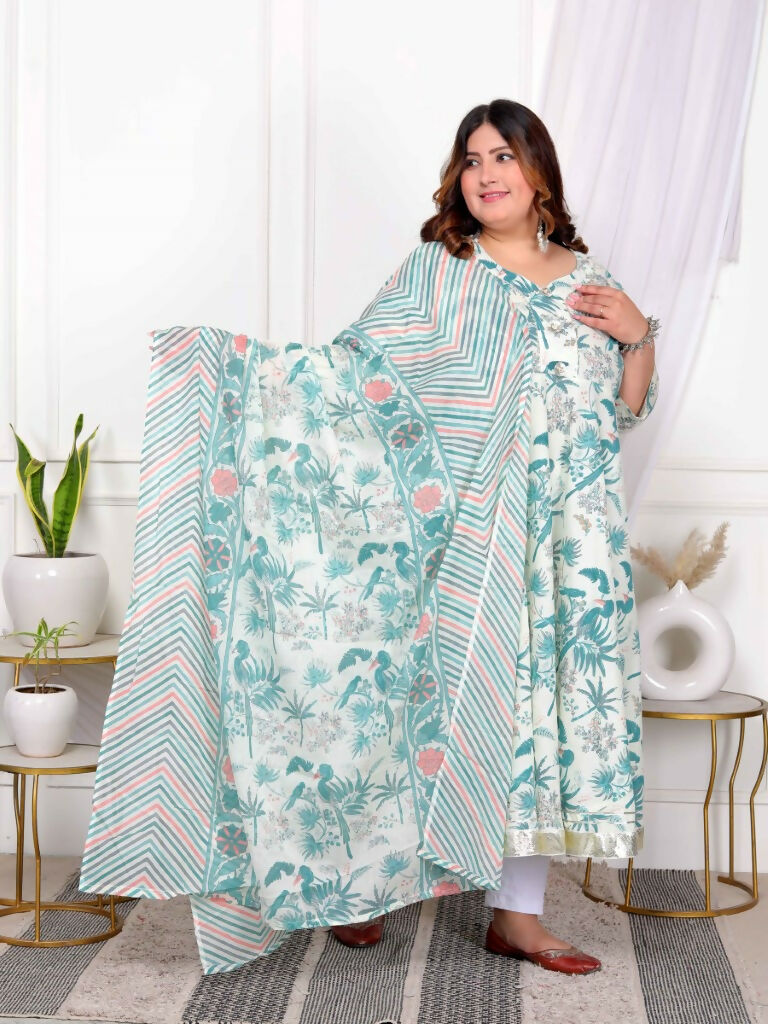 Miravan Women's Plus Size Light Green Cotton Birds And Leaf Floral Printed And Lace Border Details Anarkali Kurta And Dupatta Set | Grocsy