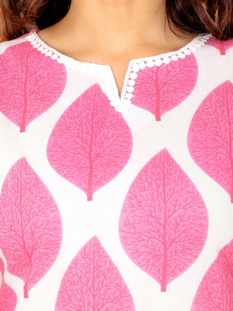 Aramya Straight Soft Cotton Foliage Print Women's Kurta - Pink | Grocsy