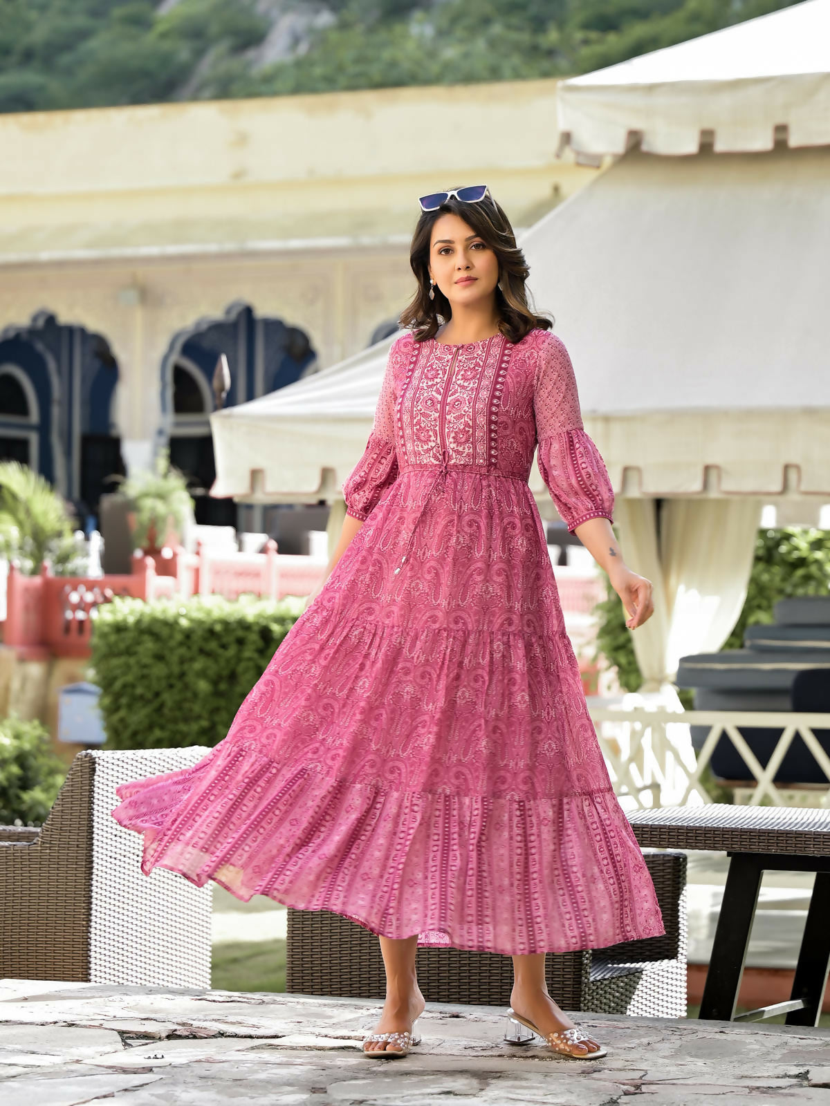 Juniper Women's Onion Pink Ethnic Motif Printed Georgette Gathers Maxi Dress With Sequins & Doris | Grocsy