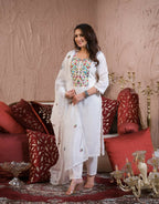 Ethnic Festive Wear Chanderi with Cotton Lining White Stitched Suit With Dupatta - Tanisha | Grocsy