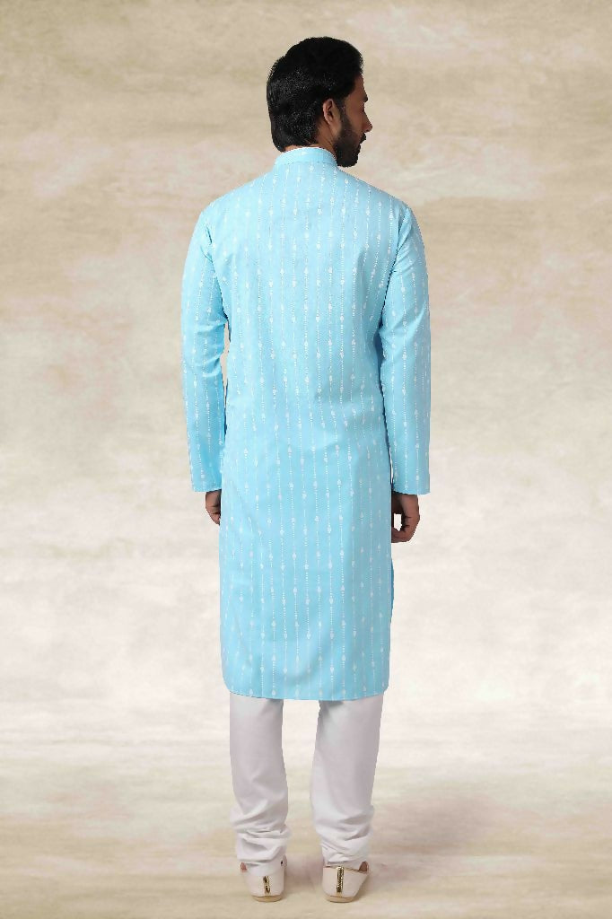 Raivat Ethnic Cotton Printed Work Kurta Pajama In Sky Blue Colour | Grocsy