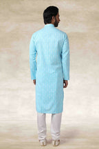 Raivat Ethnic Cotton Printed Work Kurta Pajama In Sky Blue Colour | Grocsy