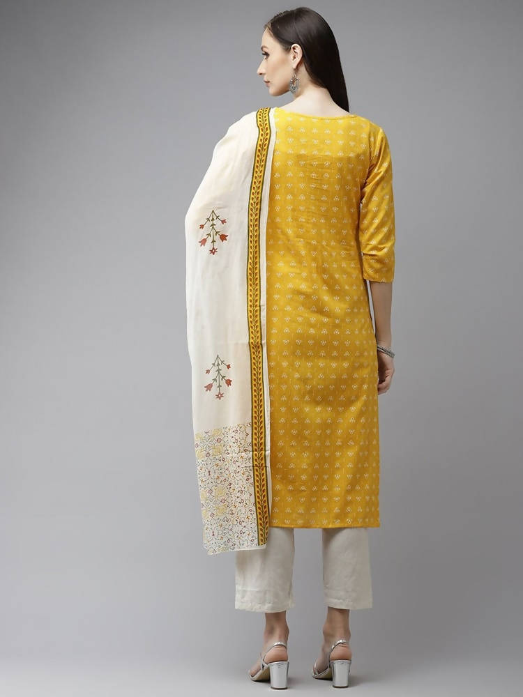 Yufta Women Mustard Yellow Ethnic Motifs Pure Cotton Kurta with Trouser & With Dupatta | Grocsy