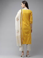 Yufta Women Mustard Yellow Ethnic Motifs Pure Cotton Kurta with Trouser & With Dupatta | Grocsy