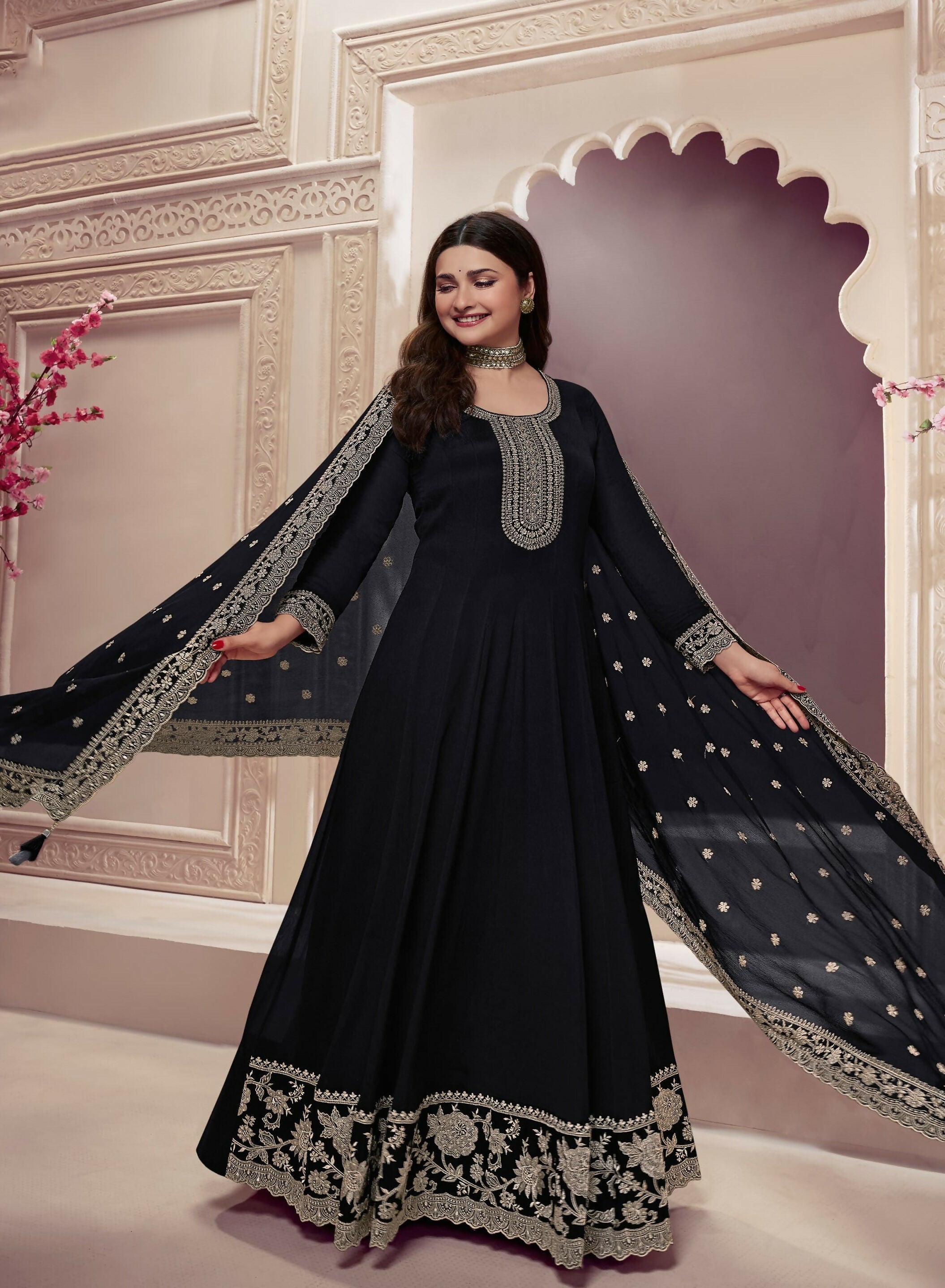 Anaita Black Embroidered Silk Stitched Anarkali Suit | Grocsy